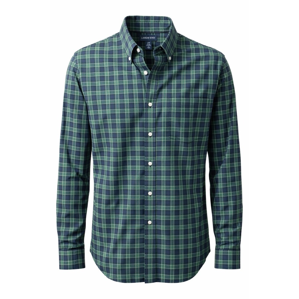 Lands' End Button Down Traditional Shirt Mens L Tall Green Plaid No Iron Twill